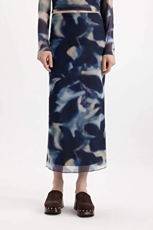 DeFacto Batik Desenli Normal Bel Astarlı Tül Midi Kalem Etek B7978AX24SPBE181