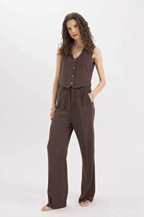 Wide Leg Cepli Yüksek Bel Geniş Paça Pensli Keten Karışımlı Pantolon