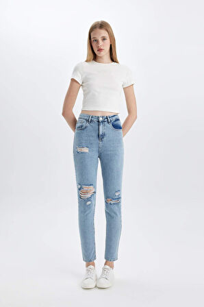 Lina Lina Mom Fit Yırtık Detaylı Yüksek Bel Bilek Boy Jean Yıkamalı Pantolon