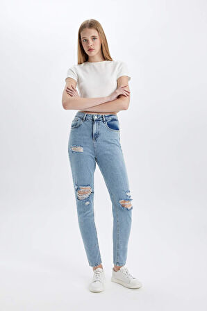 Lina Lina Mom Fit Yırtık Detaylı Yüksek Bel Bilek Boy Jean Yıkamalı Pantolon