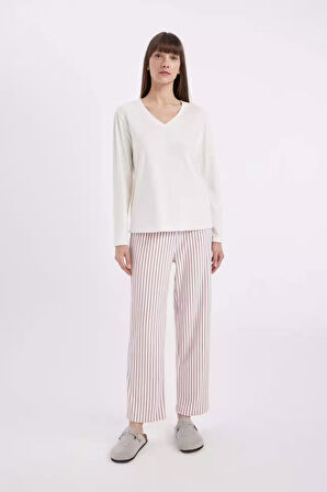 DeFacto Fall in Love Pijama Takım  V Yaka Basic Düz  Uzun Kollu Velur Üst Çizgili Beli Lastikli Alt A6205AX24AUBR277