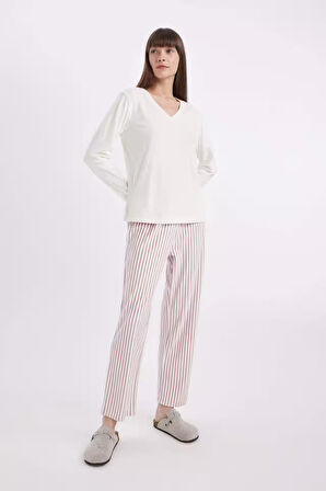 DeFacto Fall in Love Pijama Takım  V Yaka Basic Düz  Uzun Kollu Velur Üst Çizgili Beli Lastikli Alt A6205AX24AUBR277