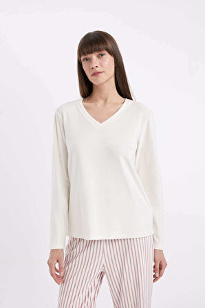 DeFacto Fall in Love Pijama Takım  V Yaka Basic Düz  Uzun Kollu Velur Üst Çizgili Beli Lastikli Alt A6205AX24AUBR277