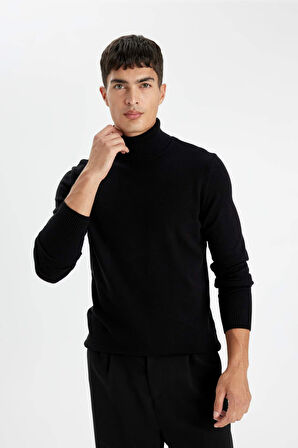 DeFacto Siyah Slim Fit Dar Kesim Balıkçı Yaka Basic Düz Triko Kazak R1124AZ24WNBK27