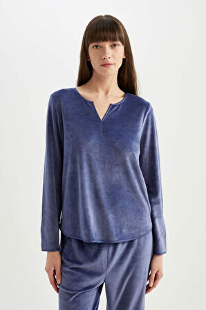 DeFacto Fall in Love Pijama Takım V Yaka Velur Uzun Kollu Üst Beli Lastikli Alt A3356AX24AUPR498