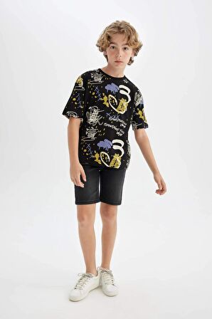 DeFacto Erkek Çocuk Oversize Fit Bisiklet Yaka Desenli Kısa Kollu Tişört C6278A824HSBK81