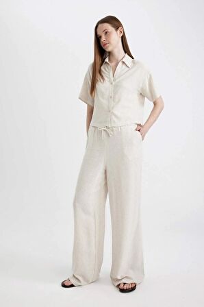 DeFacto Wide Leg Çift Cepli Yüksek Bel Standart Boy Keten Karışımlı Pantolon C6021AX24SMBG155