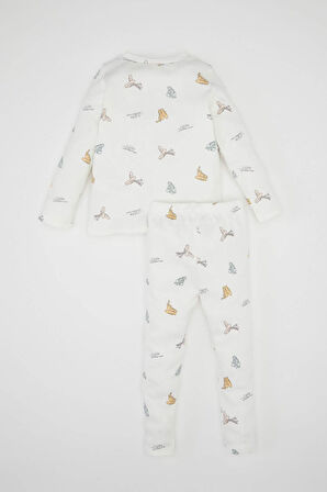 Kız Bebek Pijama Takım Balerin Baskılı Fitilli Kaşkorse  Uzun Kollu Üst Beli Lastikli Uzun Alt