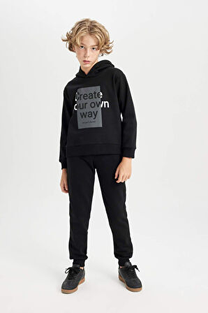 DeFacto Erkek Çocuk 2'li Takım Kapüşonlu Baskılı Sweatshirt Üst Beli Lastikli Jogger Eşofman Altı D2034A824AUBK81