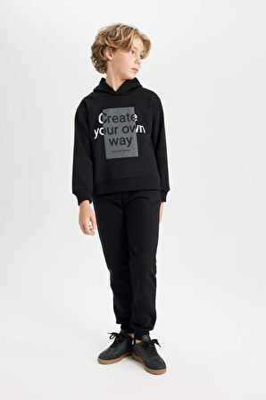 DeFacto Erkek Çocuk 2'li Takım Kapüşonlu Baskılı Sweatshirt Üst Beli Lastikli Jogger Eşofman Altı D2034A824AUBK81