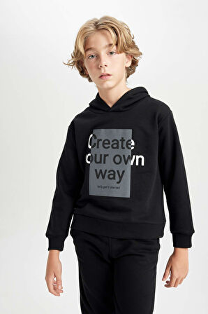 DeFacto Erkek Çocuk 2'li Takım Kapüşonlu Baskılı Sweatshirt Üst Beli Lastikli Jogger Eşofman Altı D2034A824AUBK81