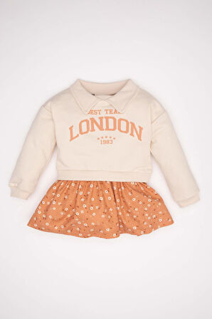 Kız Bebek Polo Yaka Baskılı Eteği Çiçek Desenli Uzun Kollu Sweatshirt Elbise