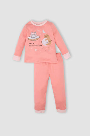 DeFacto Kız Bebek Pijama Takımı Bisiklet Yaka Baskılı Uzun Kollu Üst Beli Lastikli Alt D3441A524AUPN101