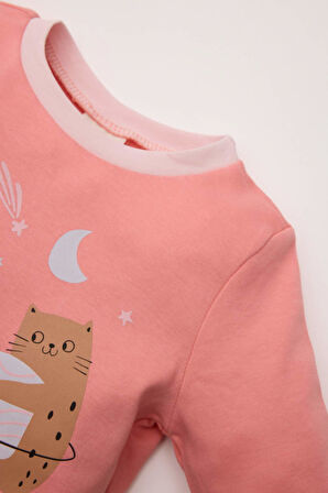 Kız Bebek Pijama Takımı Bisiklet Yaka Baskılı Uzun Kollu Üst Beli Lastikli Alt