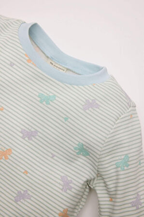 Kız Bebek Pijama Takım Kelebek Desenli Bisiklet Yaka Uzun Kollu Üst Beli Lastikli Uzun Alt