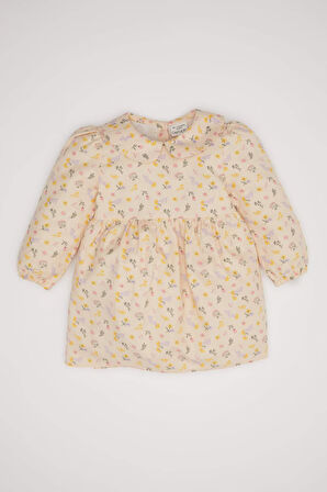 DeFacto Kız Bebek Geniş Yaka Çiçek Desenli Uzun Kollu Twill Elbise D2557A524AUER120