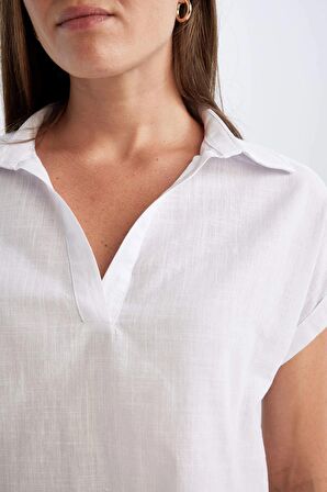 DeFacto Regular Fit Flamlı Pamuk Polo Yaka Kısa Kollu Bluz D4056AXNSWT36
