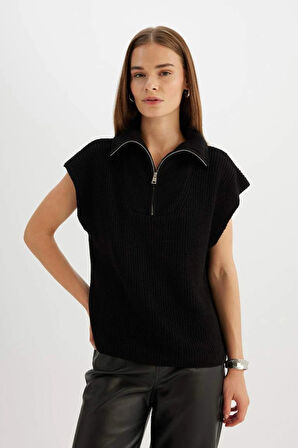 C4849 Relax Fit Fermuarlı Dik Yaka Selanik Kumaş Siyah Triko Süveter