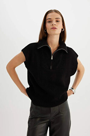 C4849 Relax Fit Fermuarlı Dik Yaka Selanik Kumaş Siyah Triko Süveter