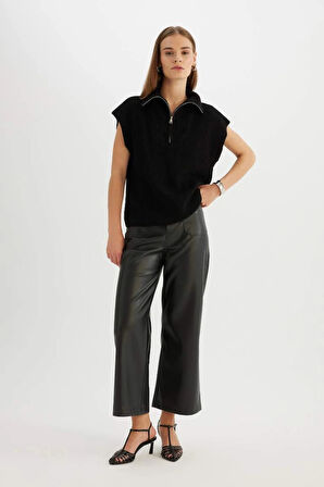 C4849 Relax Fit Fermuarlı Dik Yaka Selanik Kumaş Siyah Triko Süveter