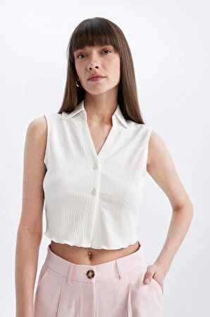 DeFacto Fitted V Yaka Bürümcük Kolsuz Bluz D3522AX24HSWT32