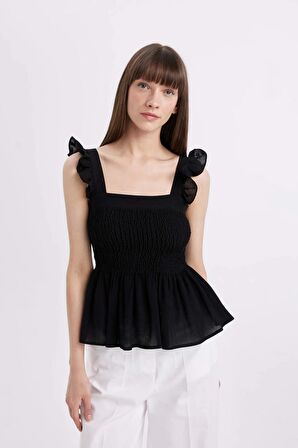 DeFacto Fitted Kare Yaka Siyah Krinkıl Kumaş Kolsuz Bluz D3089AX24SMBK81