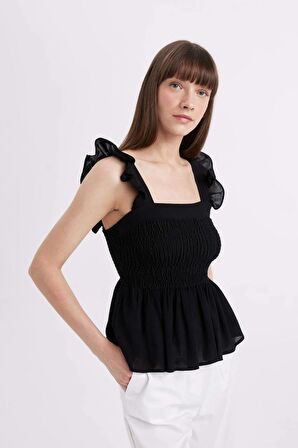 DeFacto Fitted Kare Yaka Siyah Krinkıl Kumaş Kolsuz Bluz D3089AX24SMBK81