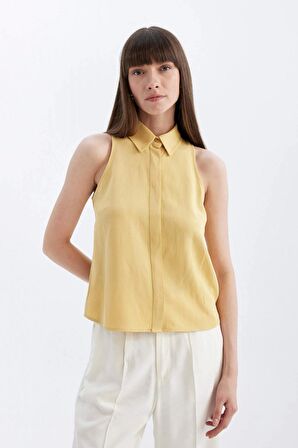 DeFacto Regular Fit Gömlek Yaka Keten Karışımlı Kolsuz Bluz D2952AX24SMYL275