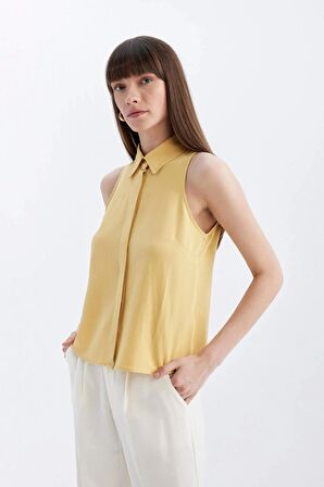 DeFacto Regular Fit Gömlek Yaka Keten Karışımlı Kolsuz Bluz D2952AX24SMYL275
