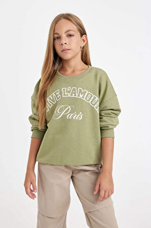 DeFacto Kız Çocuk Yeşil Relax Fit Bisiklet Yaka Baskılı Sweatshirt D3572A824AUKH461