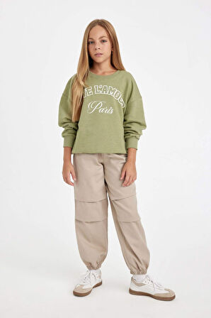 DeFacto Kız Çocuk Yeşil Relax Fit Bisiklet Yaka Baskılı Sweatshirt D3572A824AUKH461