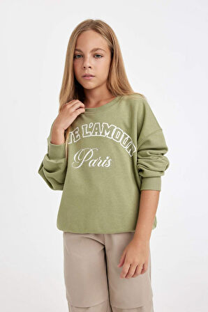 DeFacto Kız Çocuk Yeşil Relax Fit Bisiklet Yaka Baskılı Sweatshirt D3572A824AUKH461