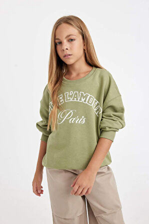 DeFacto Kız Çocuk Yeşil Relax Fit Bisiklet Yaka Baskılı Sweatshirt D3572A824AUKH461