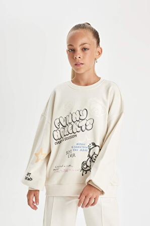 DeFacto Kız Çocuk Oversize Geniş Kalıp Bisiklet Yaka Ayıcık Baskılı Sweatshirt D0612A824AUER99