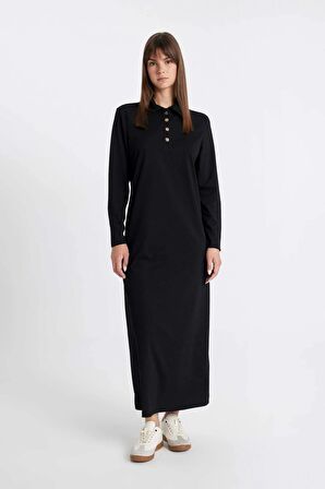 DeFacto Regular Fit Polo Yaka Uzun Kollu Pike Maxi Basic Elbise D1404AX24AUBK81