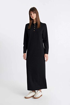 DeFacto Regular Fit Polo Yaka Uzun Kollu Pike Maxi Basic Elbise D1404AX24AUBK81