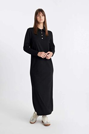 DeFacto Regular Fit Polo Yaka Uzun Kollu Pike Maxi Basic Elbise D1404AX24AUBK81