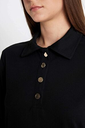 DeFacto Regular Fit Polo Yaka Uzun Kollu Pike Maxi Basic Elbise D1404AX24AUBK81