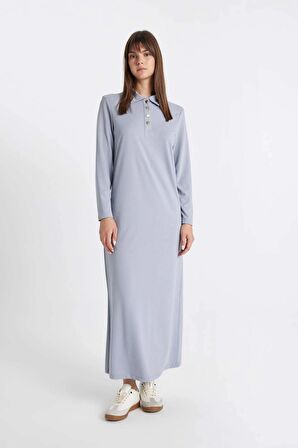 DeFacto Regular Fit Düğmeli Polo Yaka Basic Düz Uzun Kollu Pike Maxi Elbise D1404AX24AUBE748