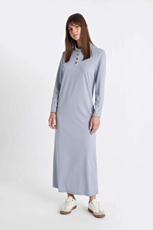 DeFacto Regular Fit Düğmeli Polo Yaka Basic Düz Uzun Kollu Pike Maxi Elbise D1404AX24AUBE748