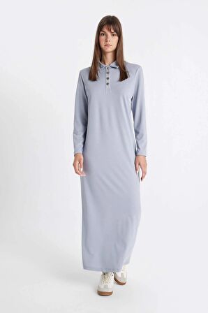 DeFacto Regular Fit Düğmeli Polo Yaka Basic Düz Uzun Kollu Pike Maxi Elbise D1404AX24AUBE748
