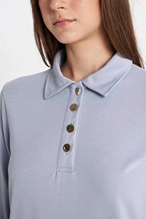 DeFacto Regular Fit Düğmeli Polo Yaka Basic Düz Uzun Kollu Pike Maxi Elbise D1404AX24AUBE748