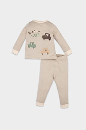 Erkek Bebek Araç Baskılı Uzun Kollu Üst Uzun Alt Penye 4'lü Pijama Takımı