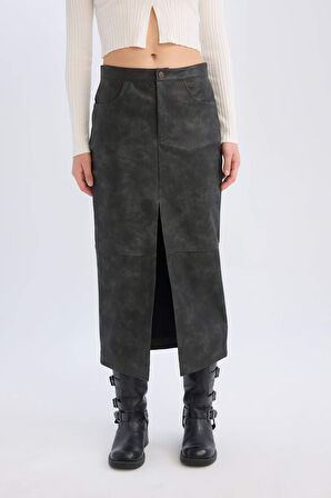 DeFacto Kalem Yıkamalı Yüksek Bel Suni Deri Midi Etek D3014AX24WNAR104