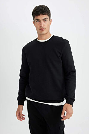 T3777 Siyah Regular Fit Bisiklet Yaka Basic Düz Sweatshirt