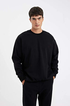 T5139 Siyah Oversize Geniş Kalıp Bisiklet Yaka Kalın Kumaş Basic Düz Sweatshirt