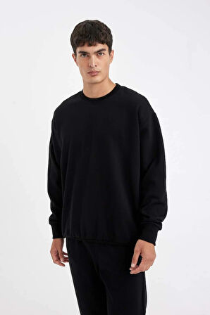 T5139 Siyah Oversize Geniş Kalıp Bisiklet Yaka Kalın Kumaş Basic Düz Sweatshirt