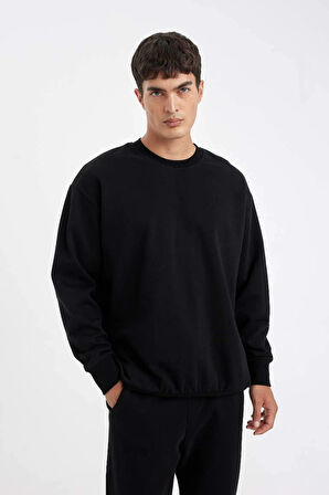 T5139 Siyah Oversize Geniş Kalıp Bisiklet Yaka Kalın Kumaş Basic Düz Sweatshirt