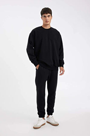 T5139 Siyah Oversize Geniş Kalıp Bisiklet Yaka Kalın Kumaş Basic Düz Sweatshirt