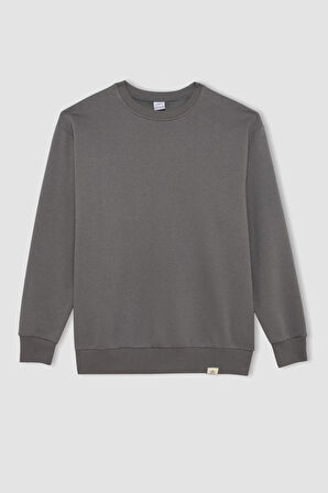 Erkek Kırık Beyaz Oversize Fit Bisiklet Yaka Kalın Kumaş Basic Düz Sweatshirt